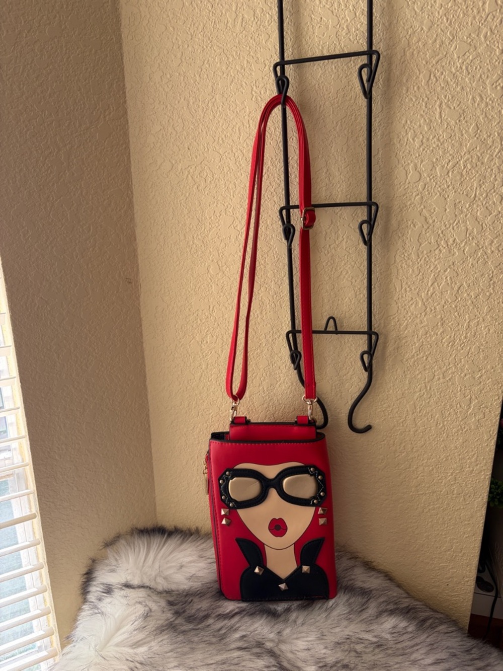 Red Novelty Crossbody Bag with handle,Graphic Face Design